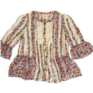 Anthropologie Maeve Floral Stripe Pintuck Lace Bib Button Front Tunic Top‎
